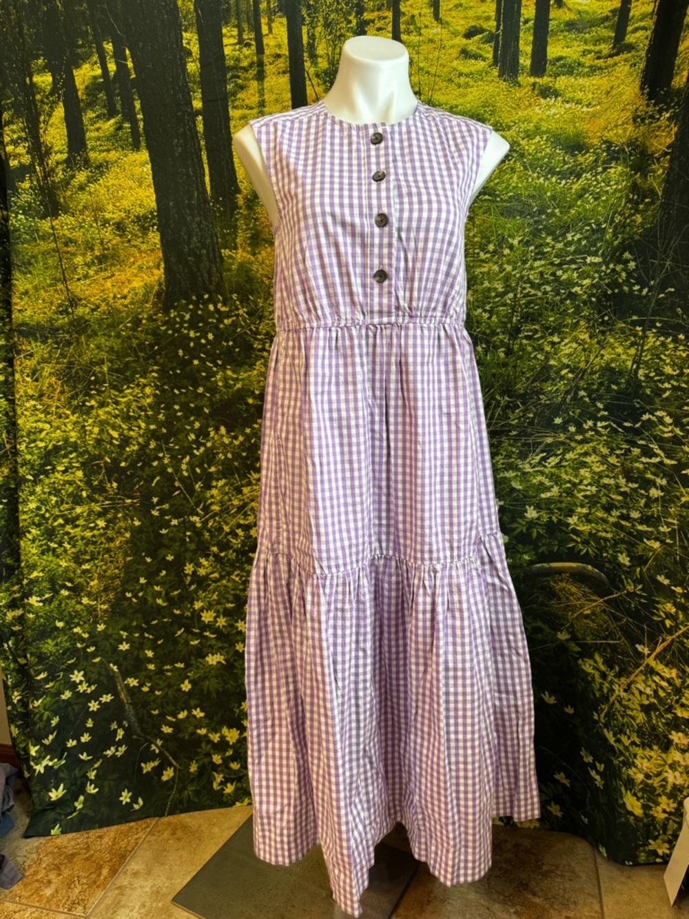 Everlane Purple and White Gingham Tiered Dress Buttons Cotton Cottagecore